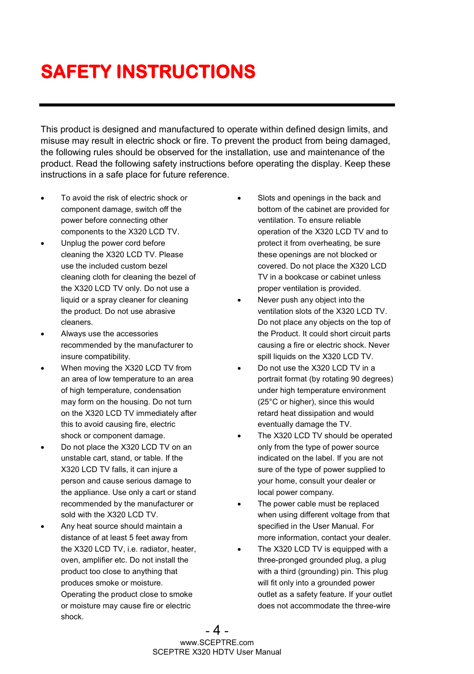 Safety instructions | Sceptre X320BV-ECO User Manual | Page 4 / 49