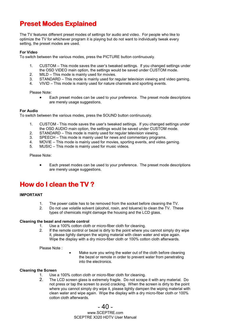 Preset modes explained, How do i clean the tv | Sceptre X320BV-ECO User Manual | Page 40 / 49