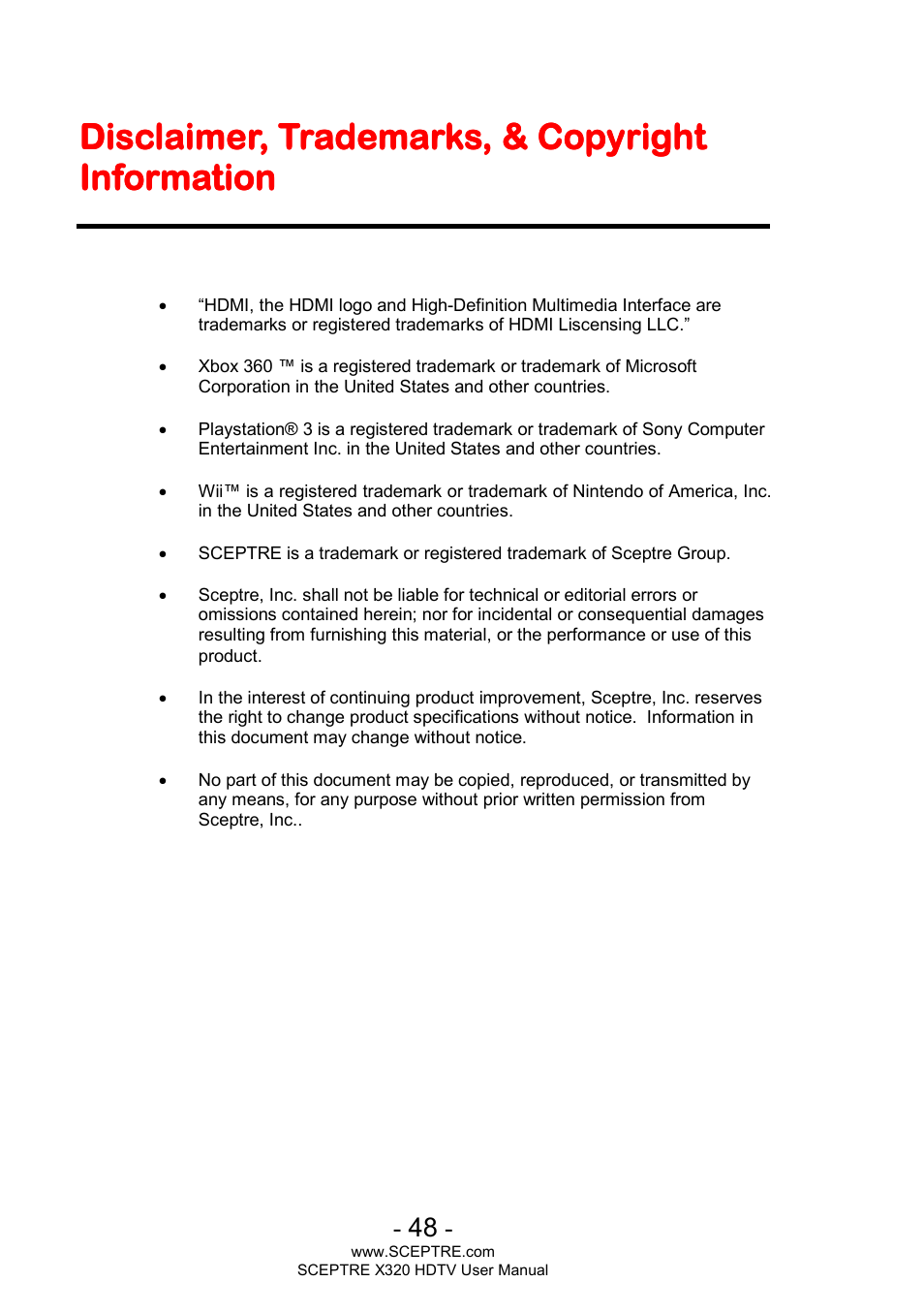 Disclaimer, trademarks, & copyright | Sceptre X320BV-ECO User Manual | Page 48 / 49