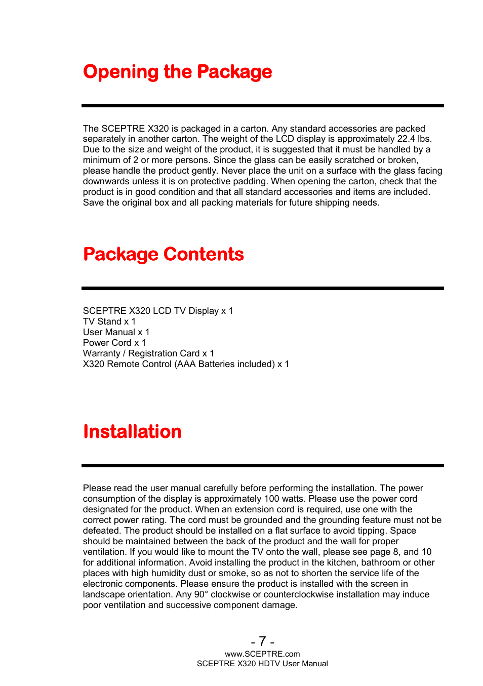 Opening the package, Package contents, Installation | Sceptre X320BV-ECO User Manual | Page 7 / 49
