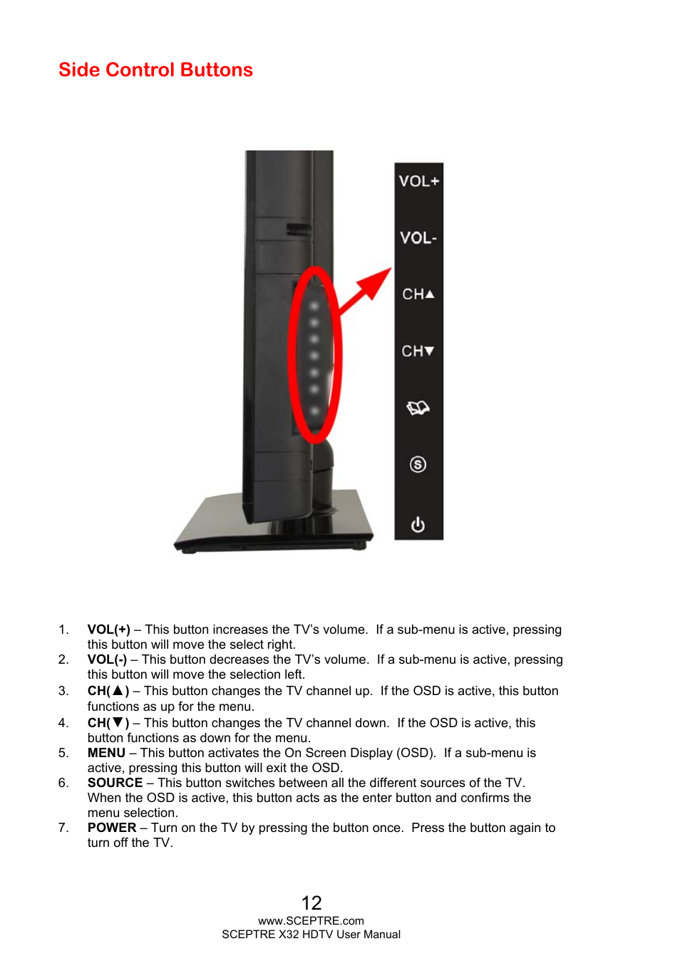 Side control buttons | Sceptre X328BV-FHD User Manual | Page 12 / 53