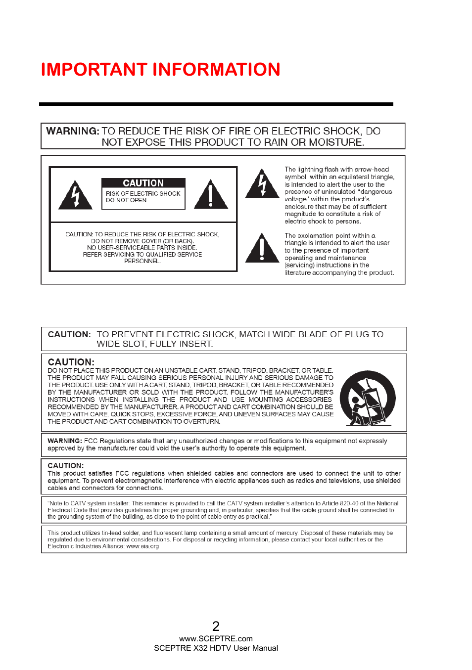 Important information | Sceptre X328BV-FHD User Manual | Page 2 / 53