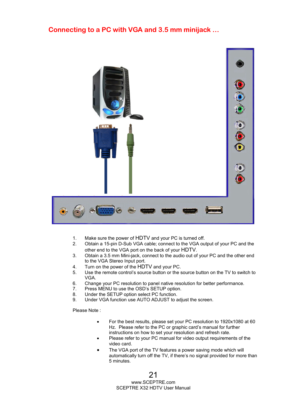 Connecting to a pc with vga and 3.5 mm minijack | Sceptre X328BV-FHD User Manual | Page 21 / 53