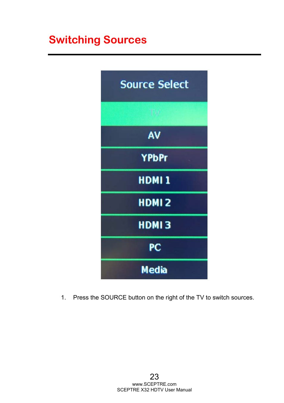 Switching sources | Sceptre X328BV-FHD User Manual | Page 23 / 53