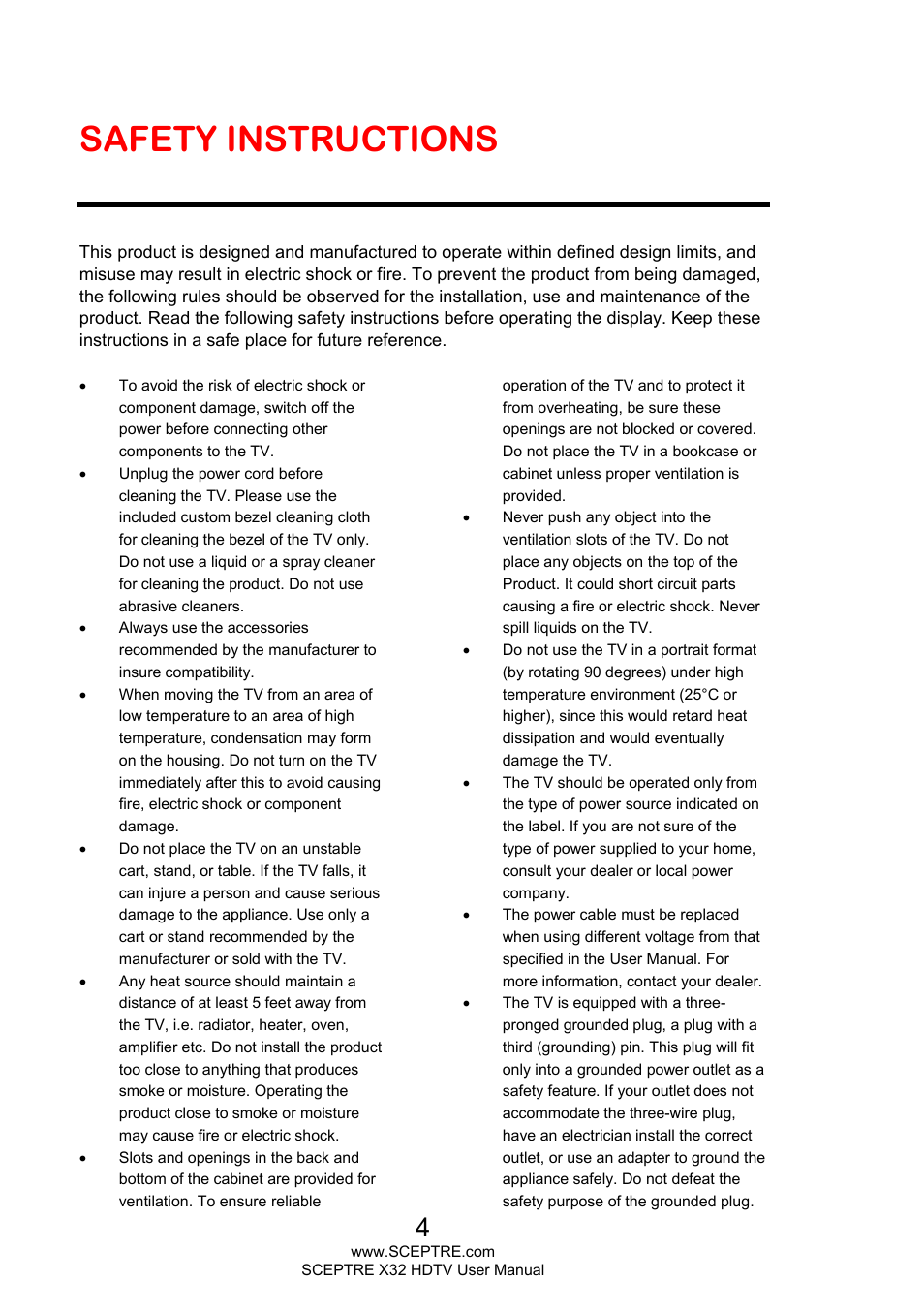Safety instructions | Sceptre X328BV-FHD User Manual | Page 4 / 53