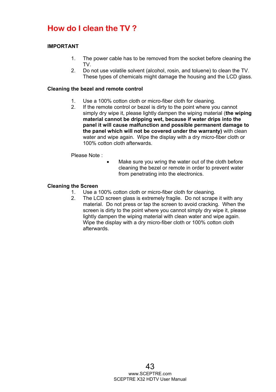 How do i clean the tv | Sceptre X328BV-FHD User Manual | Page 43 / 53