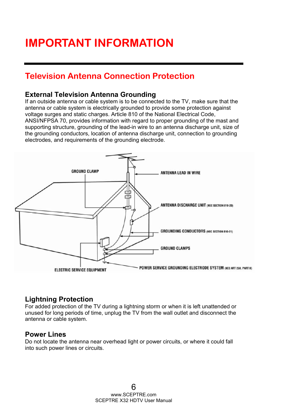 Important information, Television antenna connection protection | Sceptre X328BV-FHD User Manual | Page 6 / 53