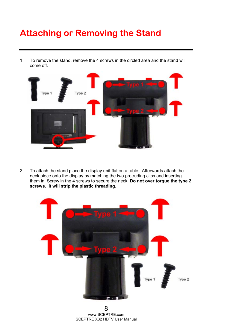 Attaching or removing the stand | Sceptre X328BV-FHD User Manual | Page 8 / 53