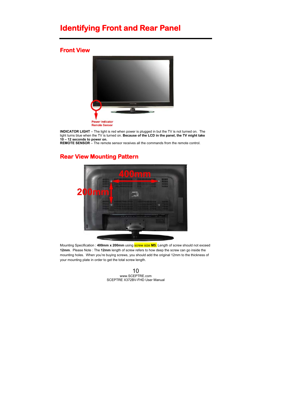 Identifying front and rear panel, Front view, Rear view mounting pattern | Sceptre X372BV-FHD User Manual | Page 10 / 55