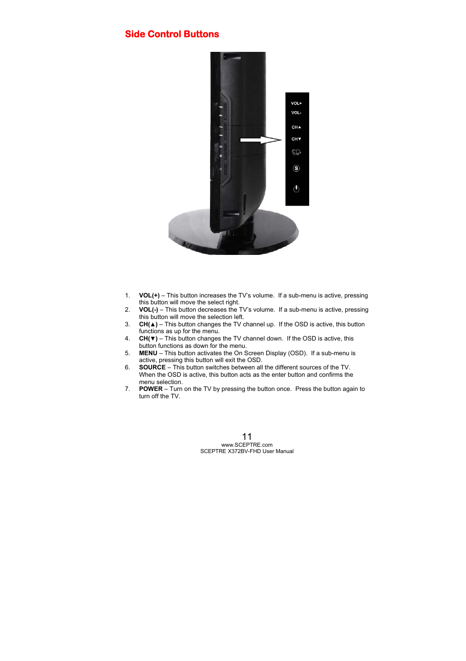 Side control buttons | Sceptre X372BV-FHD User Manual | Page 11 / 55