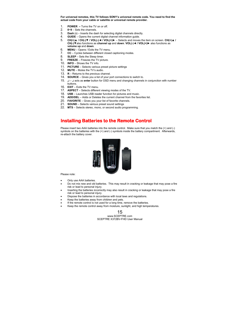 Installing batteries to the remote control | Sceptre X372BV-FHD User Manual | Page 15 / 55