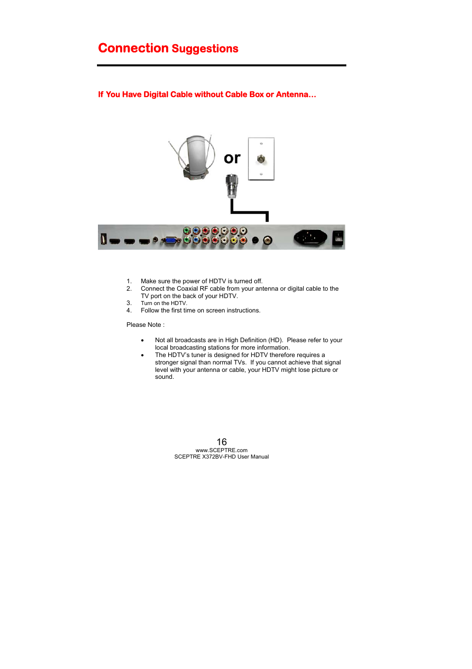 Connection, Suggestions | Sceptre X372BV-FHD User Manual | Page 16 / 55