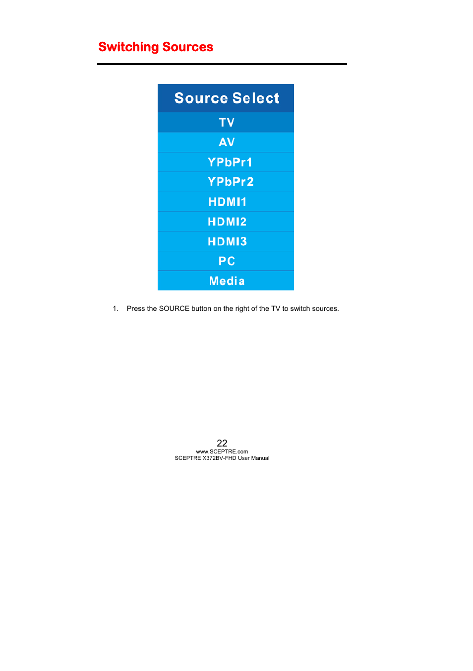 Switching sources | Sceptre X372BV-FHD User Manual | Page 22 / 55