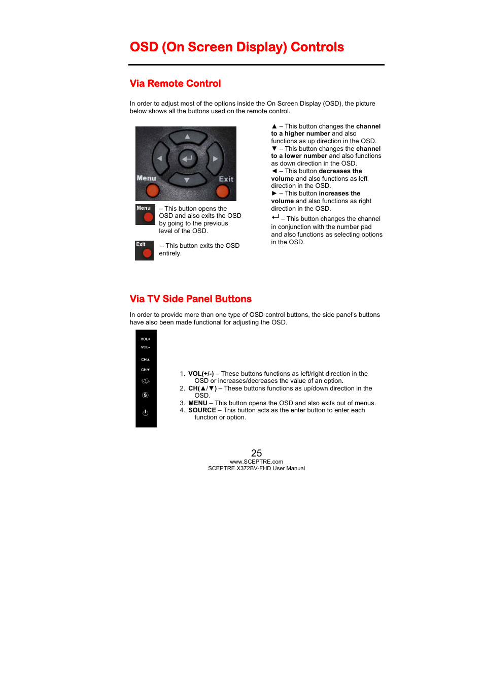 Osd (on screen display) controls, Via remote control, Via tv side panel buttons | Sceptre X372BV-FHD User Manual | Page 25 / 55