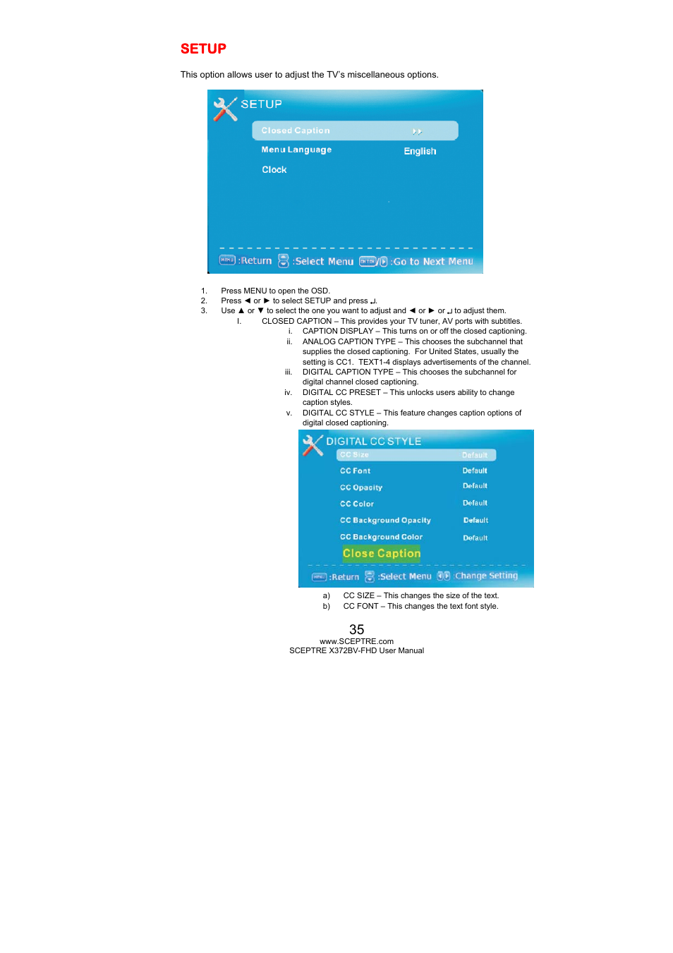 Setup | Sceptre X372BV-FHD User Manual | Page 35 / 55