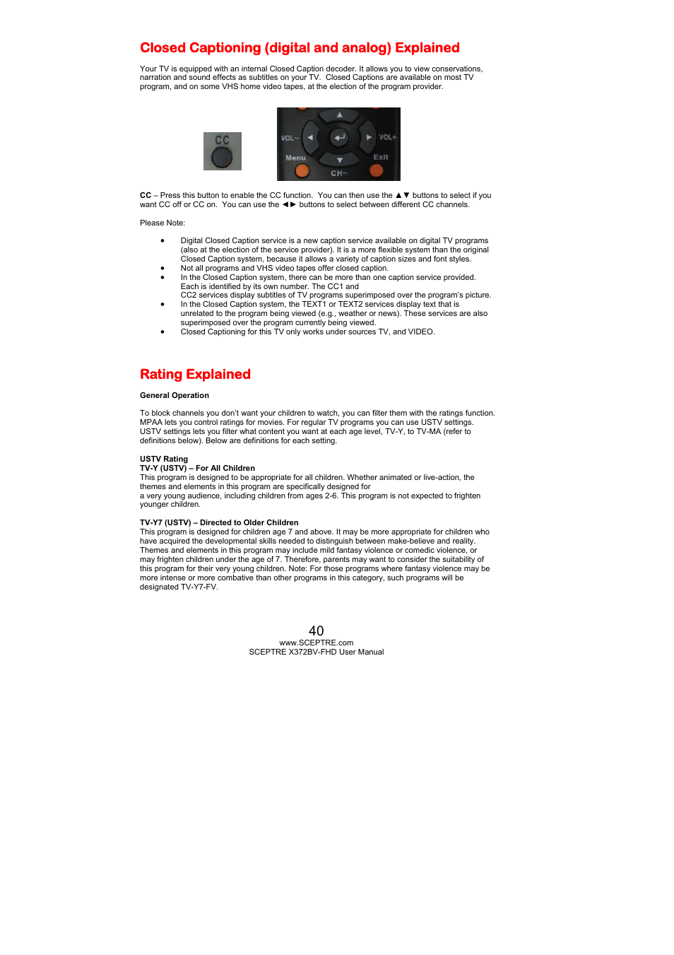 Closed captioning (digital and analog) explained, Rating explained | Sceptre X372BV-FHD User Manual | Page 40 / 55