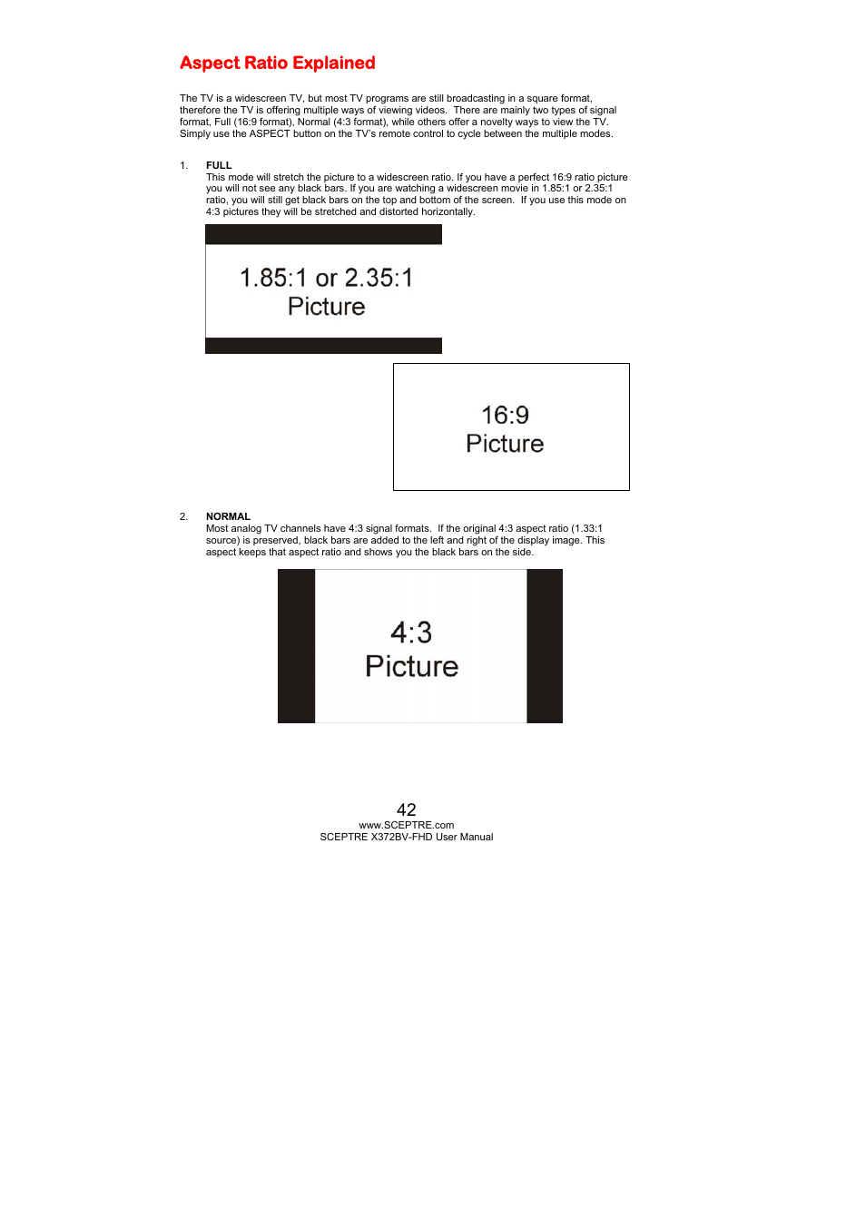Aspect ratio explained | Sceptre X372BV-FHD User Manual | Page 42 / 55