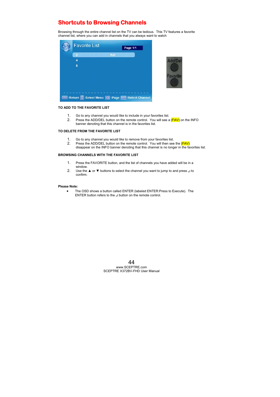 Shortcuts to browsing channels | Sceptre X372BV-FHD User Manual | Page 44 / 55