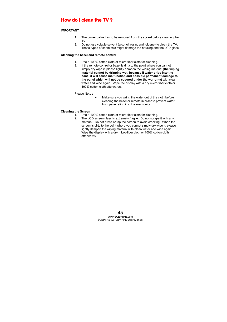 How do i clean the tv | Sceptre X372BV-FHD User Manual | Page 45 / 55