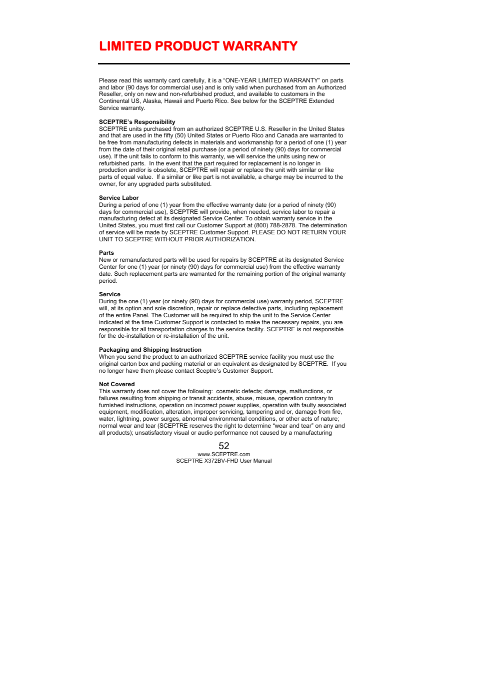 Limited product warranty | Sceptre X372BV-FHD User Manual | Page 52 / 55