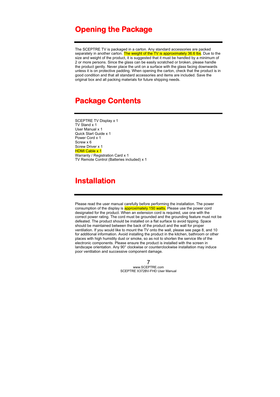 Opening the package, Package contents, Installation | Sceptre X372BV-FHD User Manual | Page 7 / 55