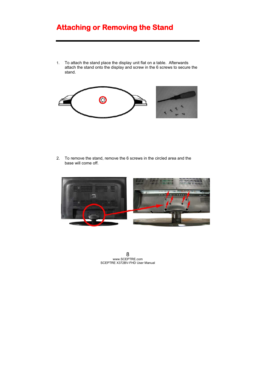 Attaching or removing the stand | Sceptre X372BV-FHD User Manual | Page 8 / 55