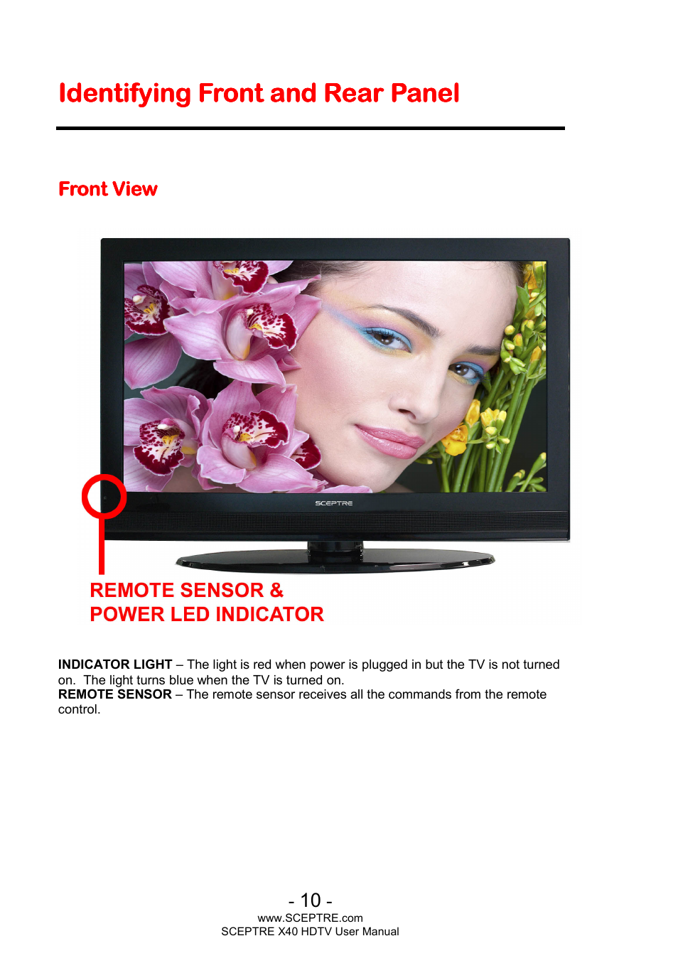 Identifying front and rear panel | Sceptre X400BV-FHD User Manual | Page 10 / 47