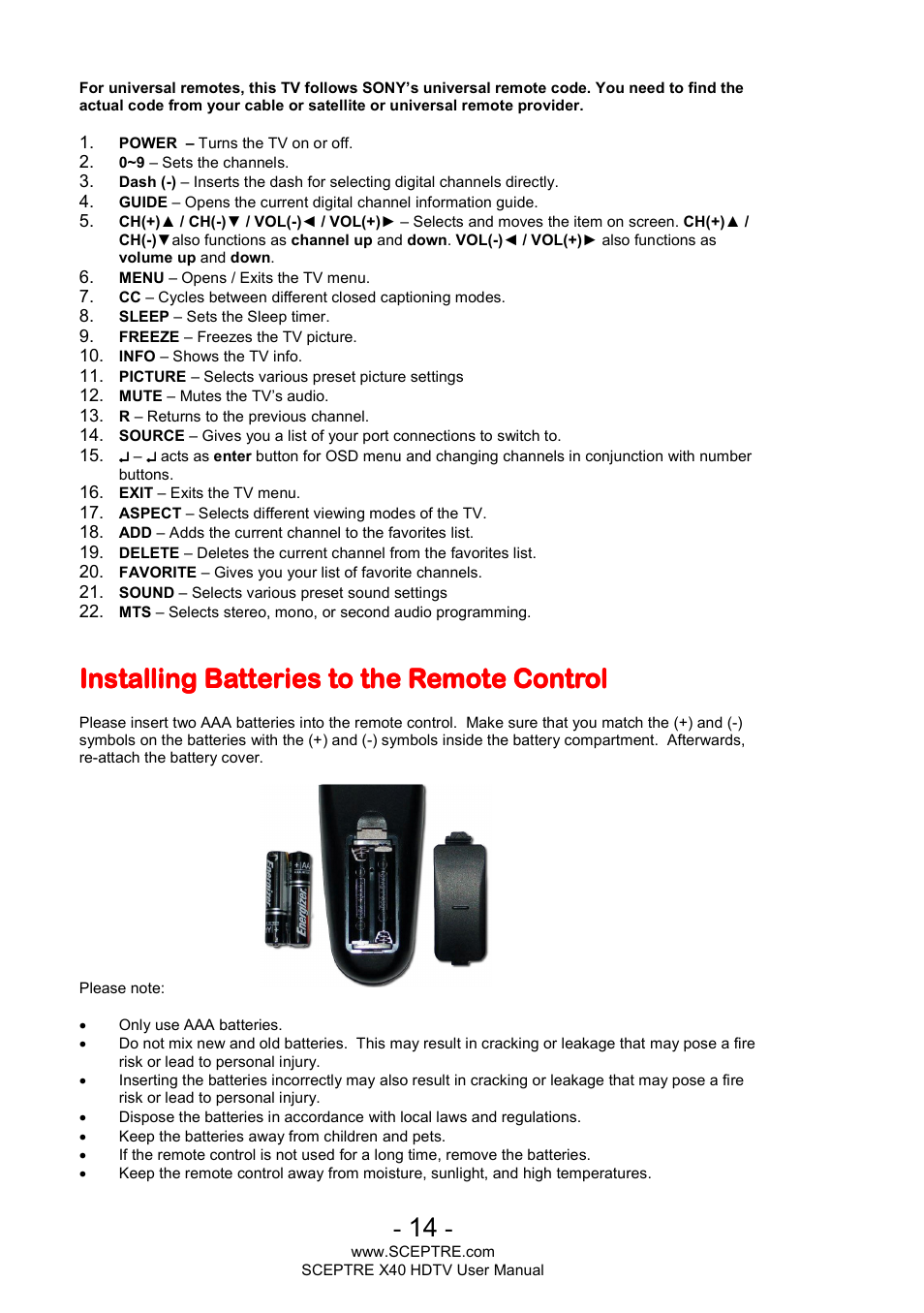 Installing batteries to t | Sceptre X400BV-FHD User Manual | Page 14 / 47