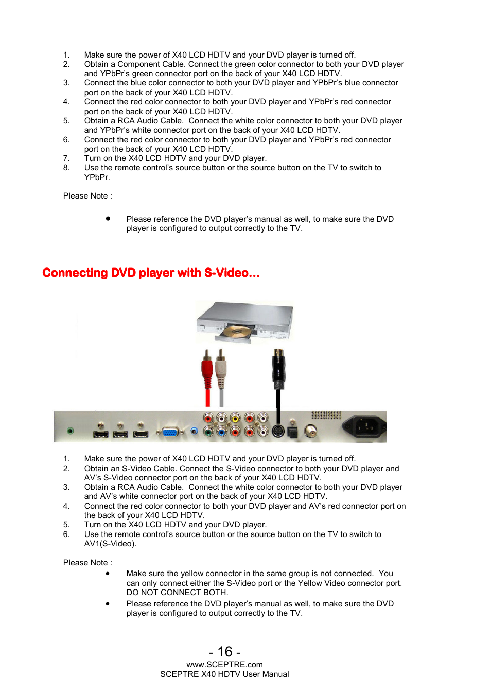 Connecting dvd player with s | Sceptre X400BV-FHD User Manual | Page 16 / 47