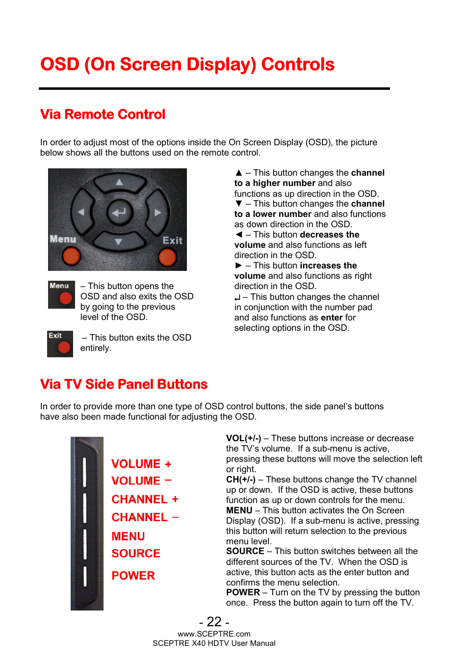 Osd (on screen display) controls, Via remote control, Via tv side panel buttons | Sceptre X400BV-FHD User Manual | Page 22 / 47