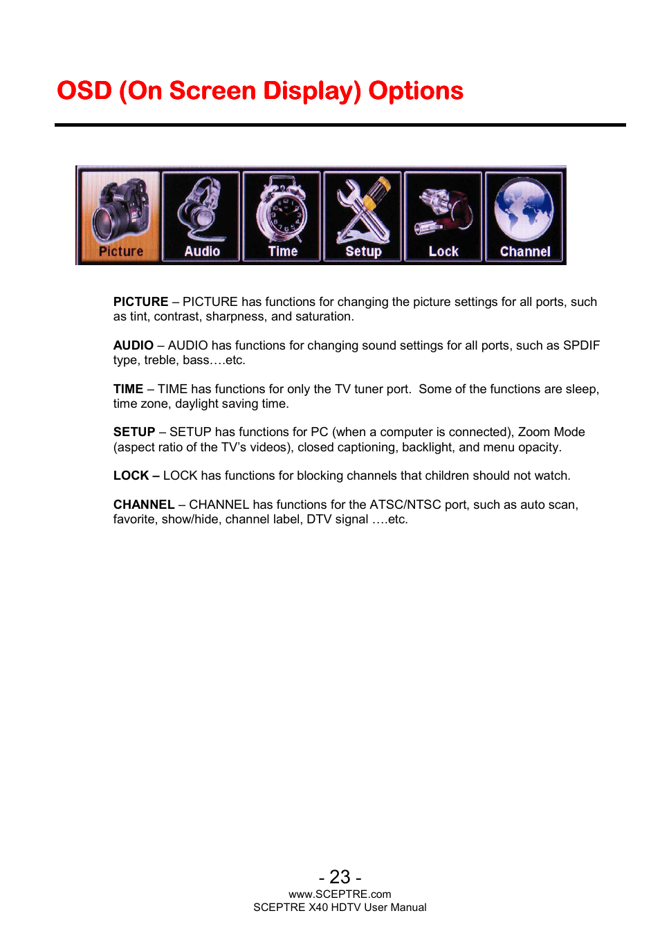 Osd (on screen display) | Sceptre X400BV-FHD User Manual | Page 23 / 47