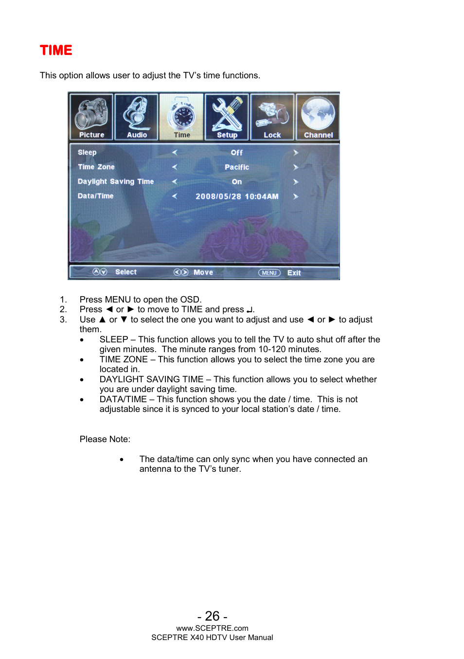 Time | Sceptre X400BV-FHD User Manual | Page 26 / 47