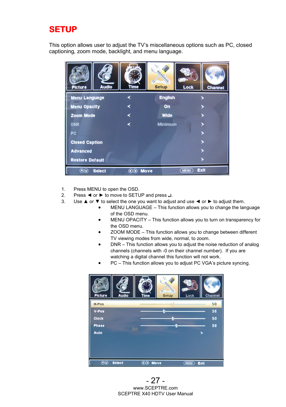 Setup | Sceptre X400BV-FHD User Manual | Page 27 / 47