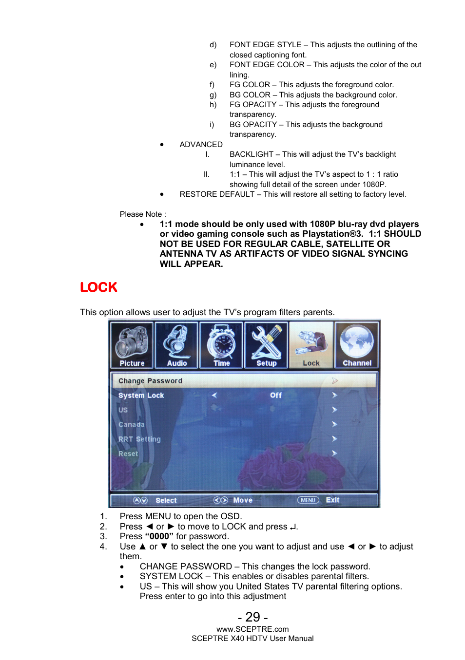 Lock | Sceptre X400BV-FHD User Manual | Page 29 / 47
