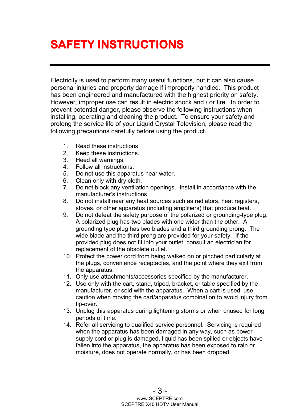 Safety instructions | Sceptre X400BV-FHD User Manual | Page 3 / 47