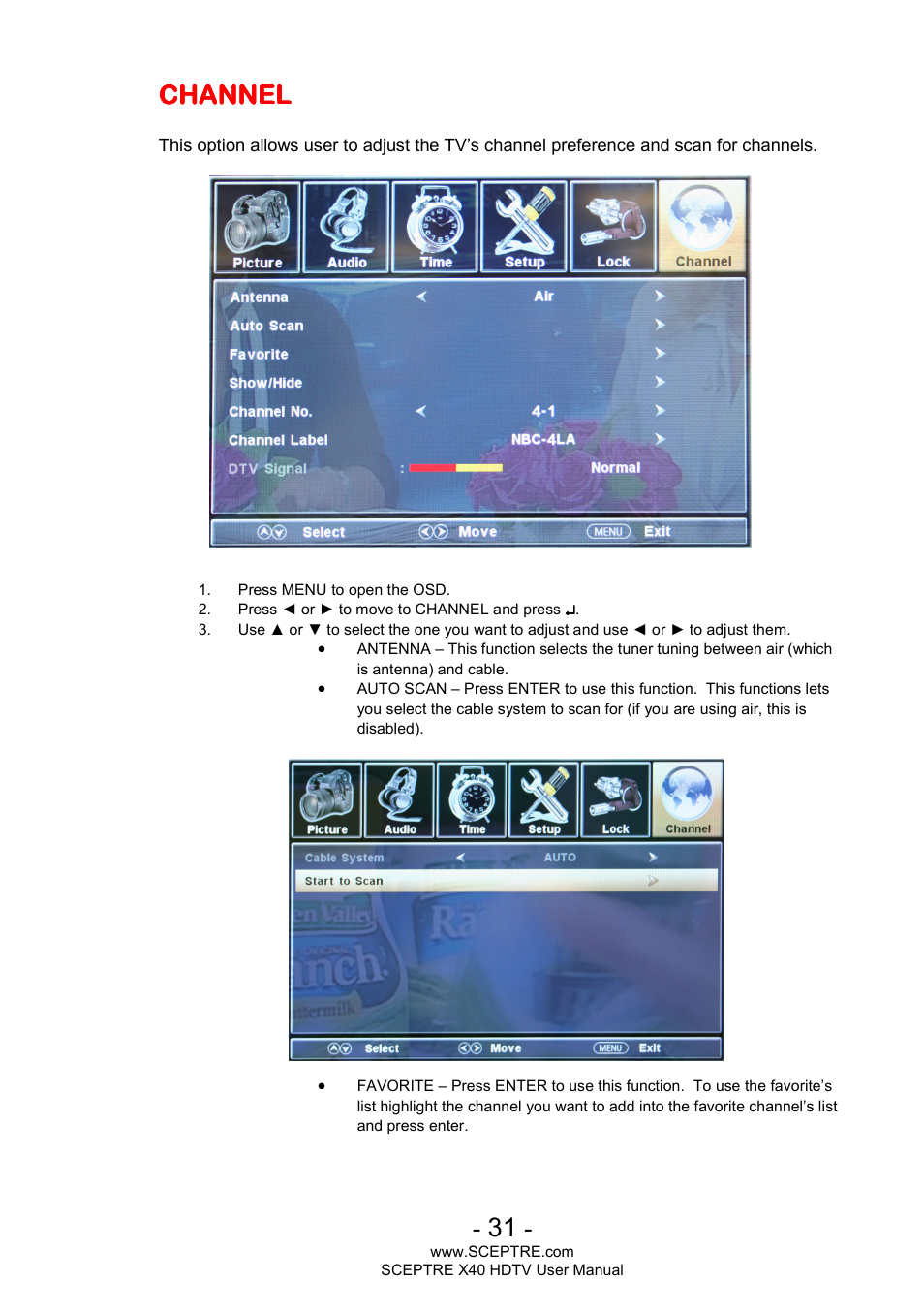 Channel | Sceptre X400BV-FHD User Manual | Page 31 / 47