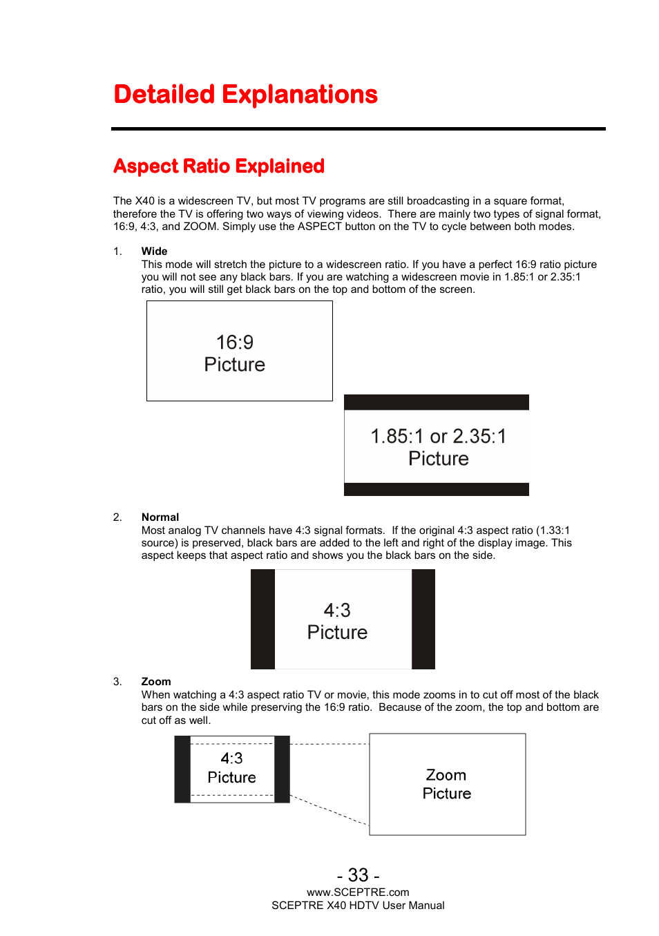 Detailed explanati, Aspect ratio explained | Sceptre X400BV-FHD User Manual | Page 33 / 47