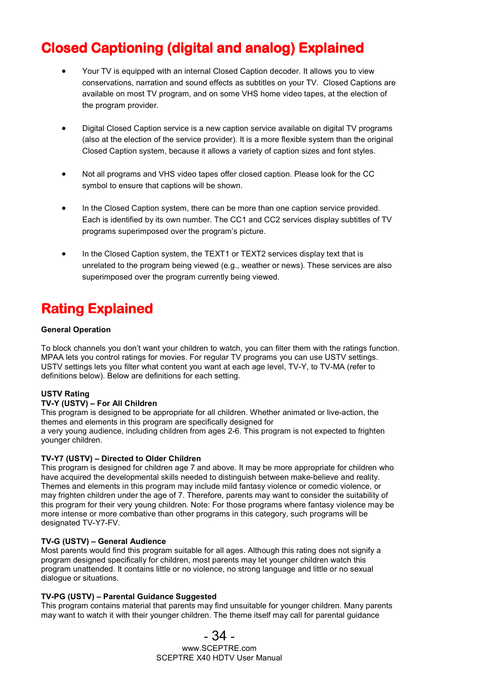 Closed captioning (digital and analog) explained, Rating explained | Sceptre X400BV-FHD User Manual | Page 34 / 47