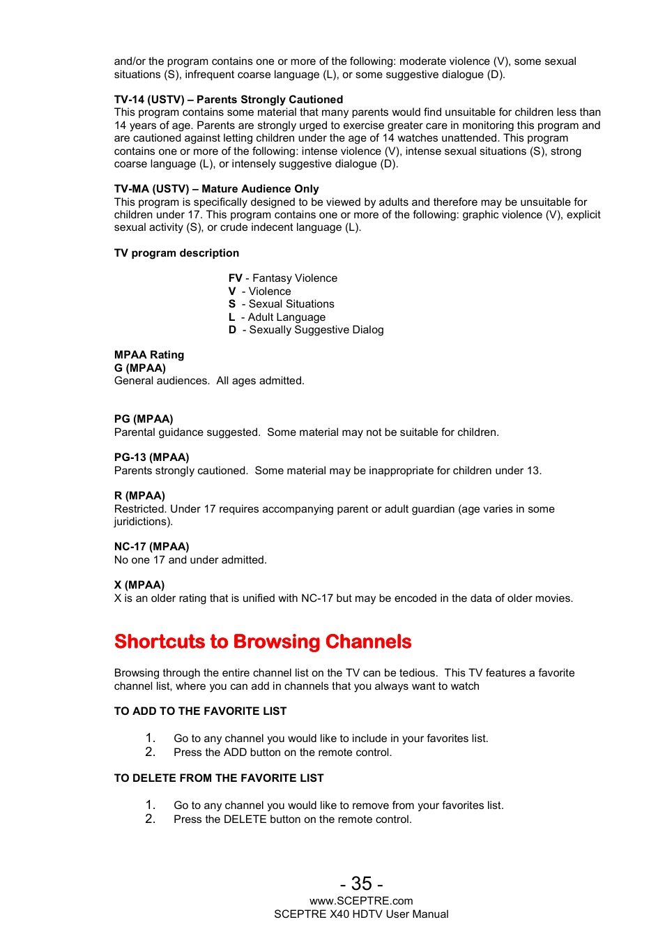 Shortcuts to browsing channels | Sceptre X400BV-FHD User Manual | Page 35 / 47