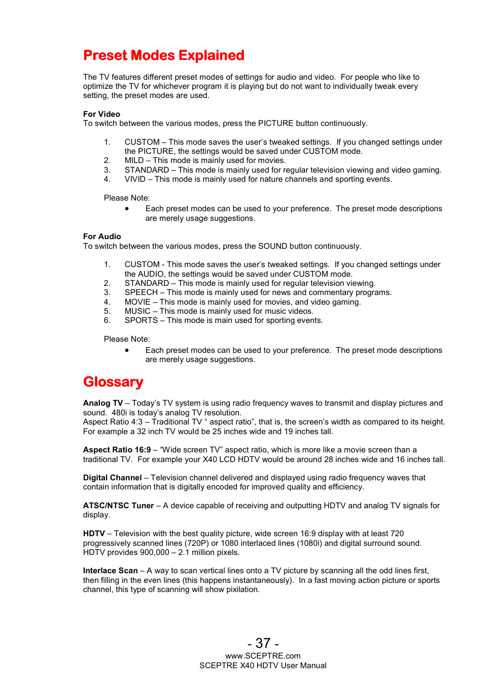 Preset modes explained, Glossary | Sceptre X400BV-FHD User Manual | Page 37 / 47
