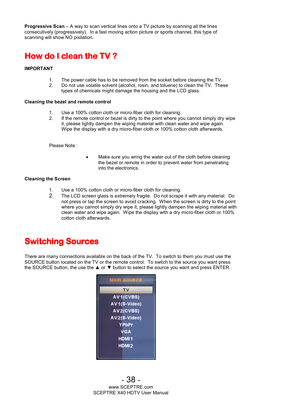 How do i clean the tv, Switching sources | Sceptre X400BV-FHD User Manual | Page 38 / 47