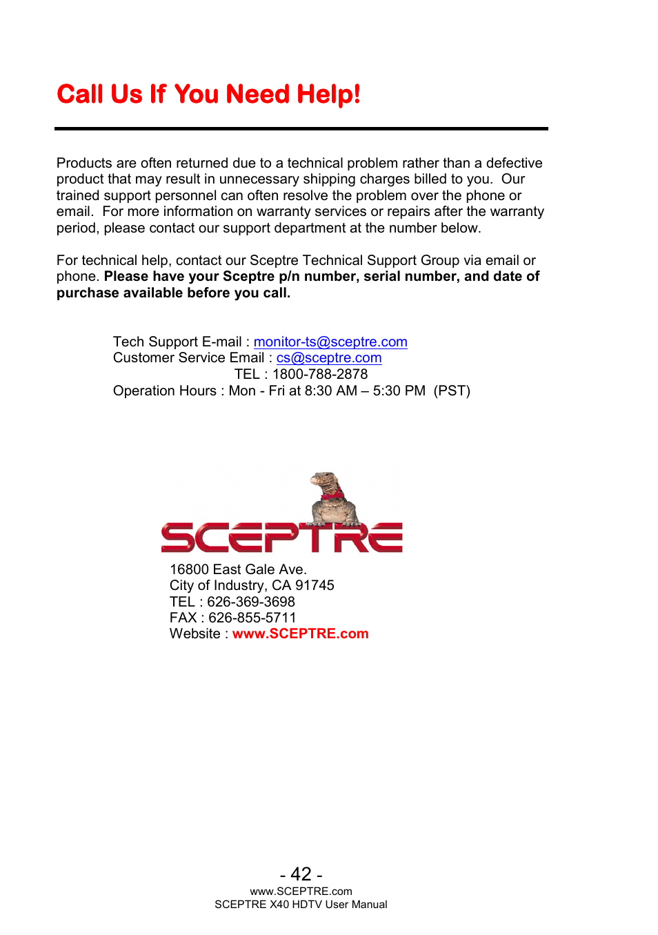 Call us if you need help | Sceptre X400BV-FHD User Manual | Page 42 / 47