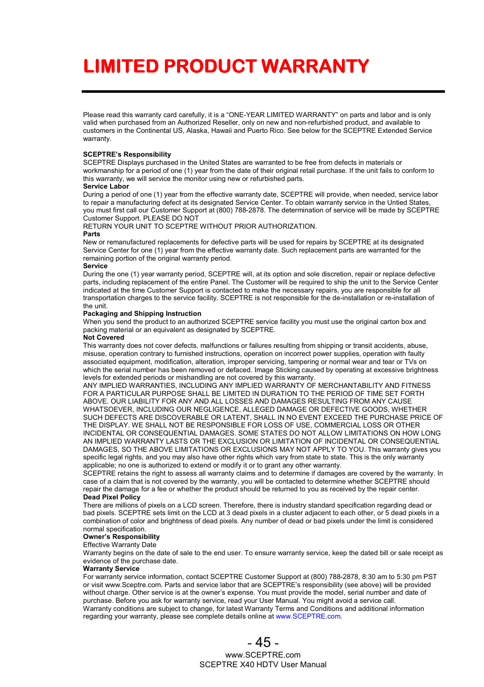 Limited product warranty | Sceptre X400BV-FHD User Manual | Page 45 / 47