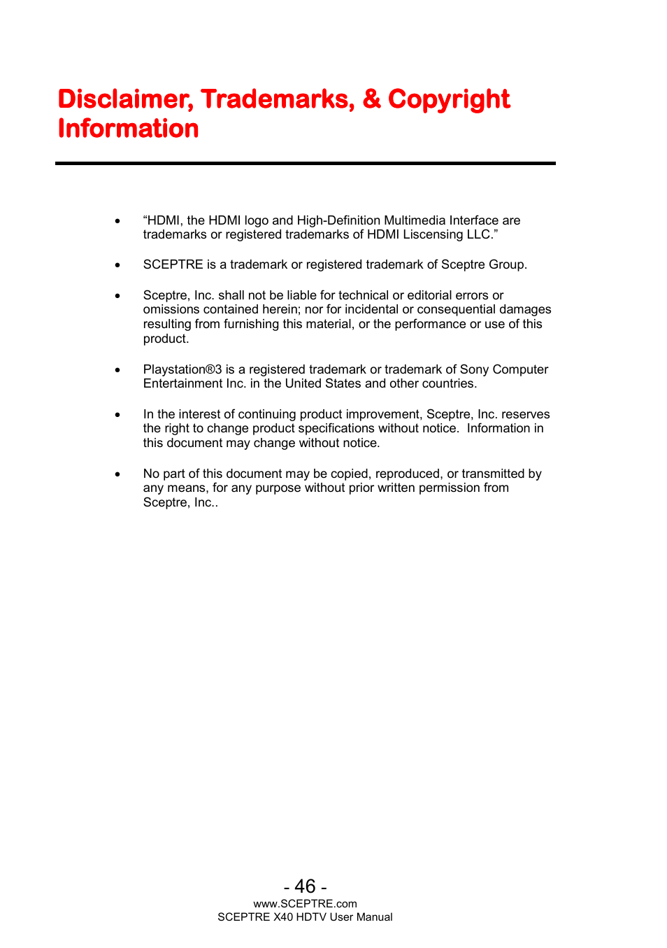 Disclaimer | Sceptre X400BV-FHD User Manual | Page 46 / 47