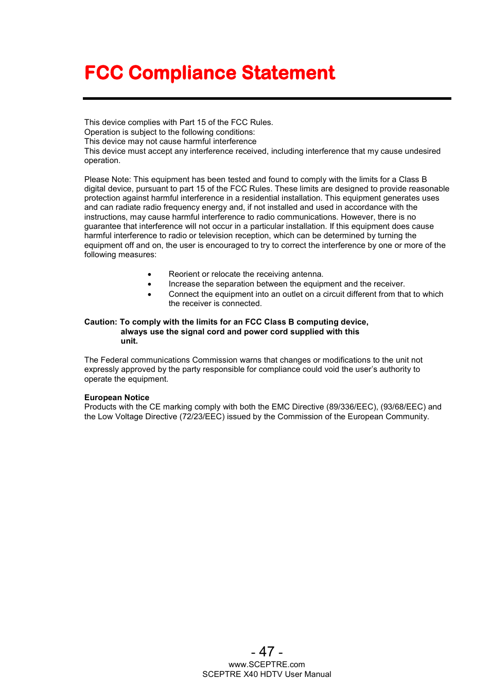 Fcc compliance statement | Sceptre X400BV-FHD User Manual | Page 47 / 47