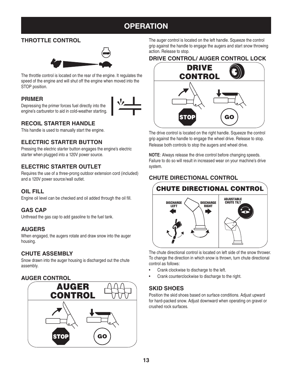 Auger control, Drive control, Operation | Chute directional control | Craftsman 247.88955 User Manual | Page 13 / 68