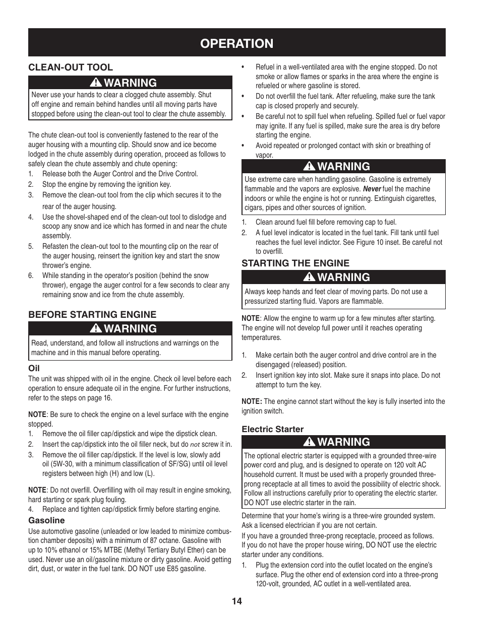 Operation, Warning | Craftsman 247.88955 User Manual | Page 14 / 68