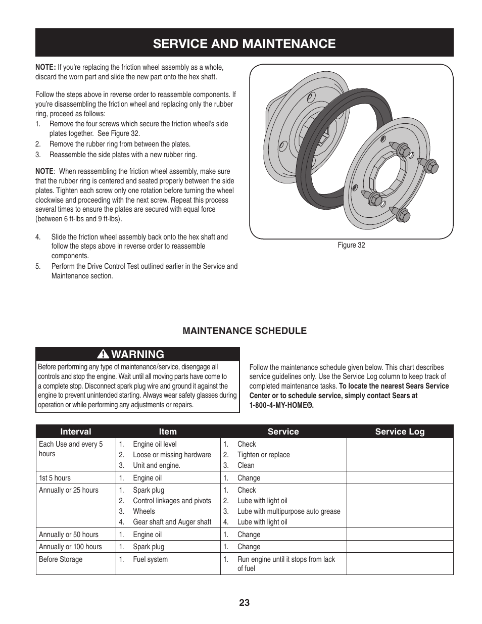 Service and maintenance, Warning | Craftsman 247.88955 User Manual | Page 23 / 68