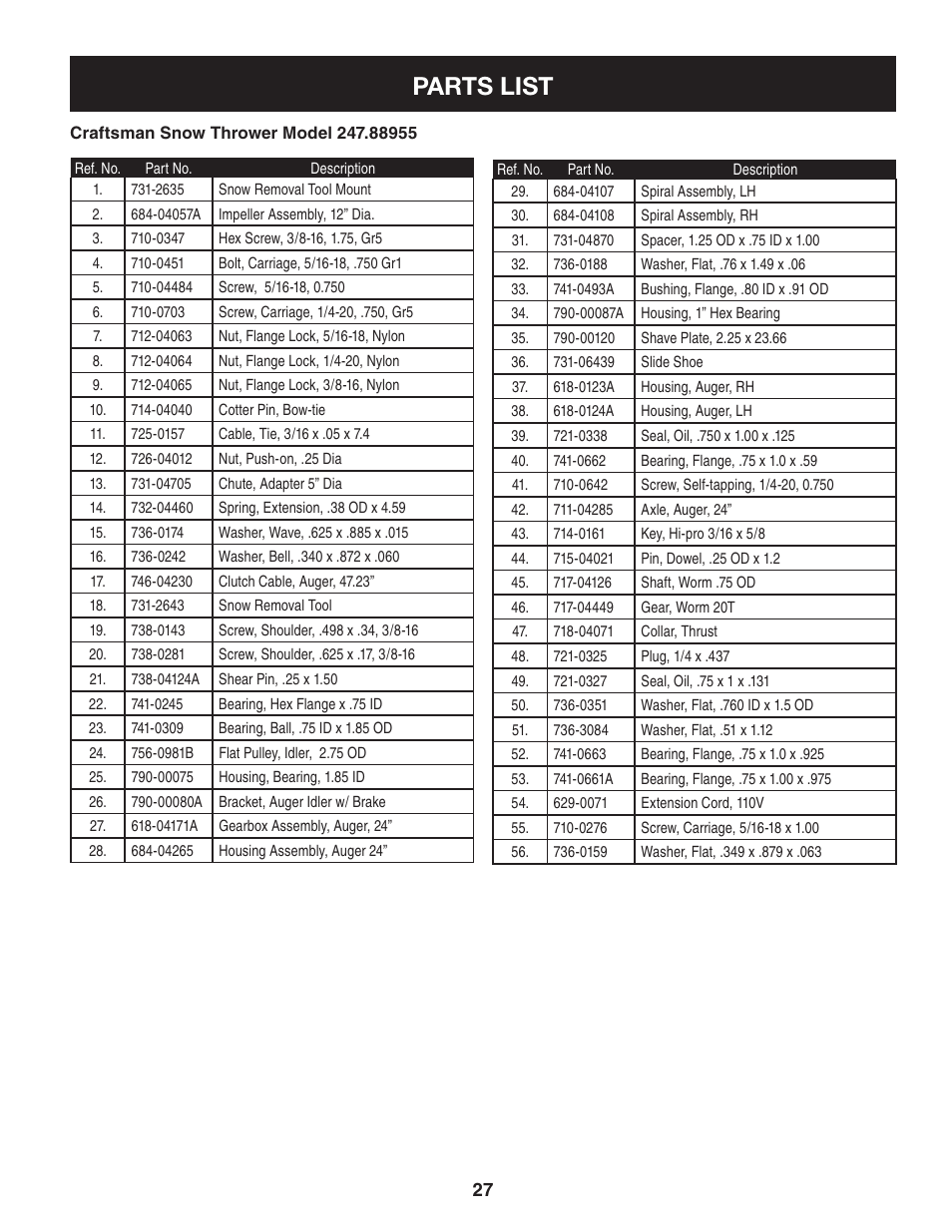 Parts list | Craftsman 247.88955 User Manual | Page 27 / 68