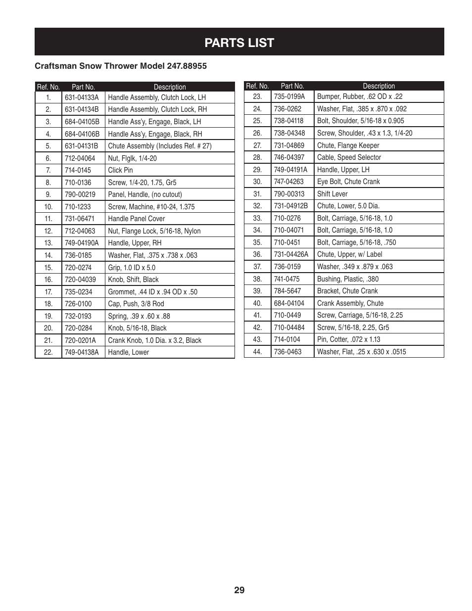 Parts list | Craftsman 247.88955 User Manual | Page 29 / 68